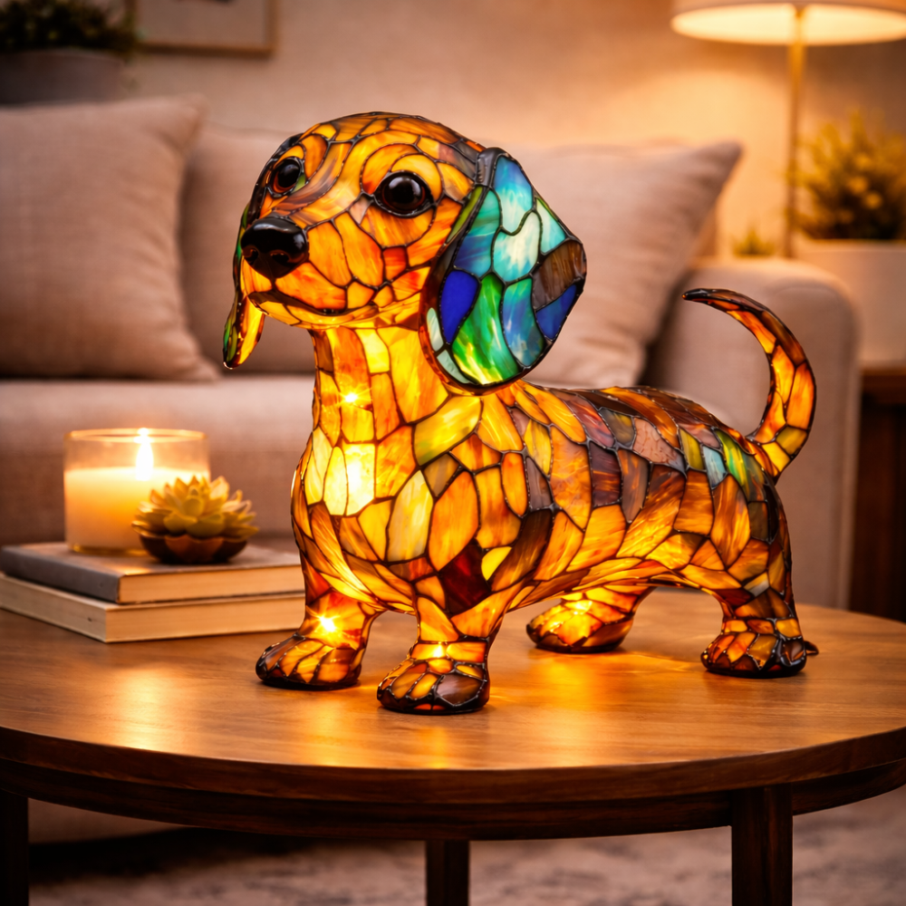 Luvano Tischleuchte Hund Buntglas Schreibtisch