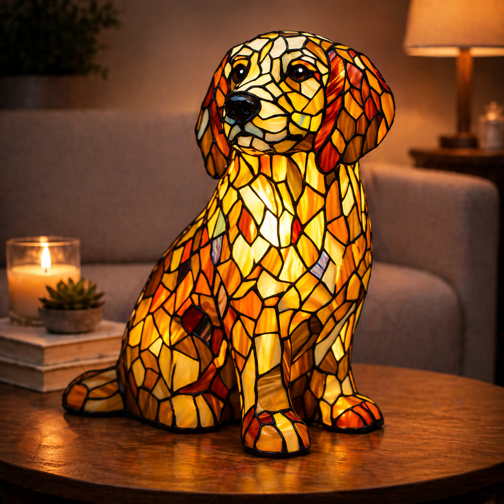 Luvano Tischleuchte Hund Buntglas Schreibtisch