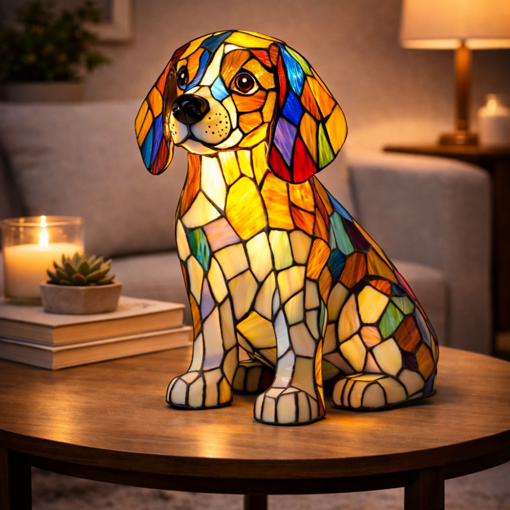 Luvano Tischleuchte Hund Buntglas Schreibtisch