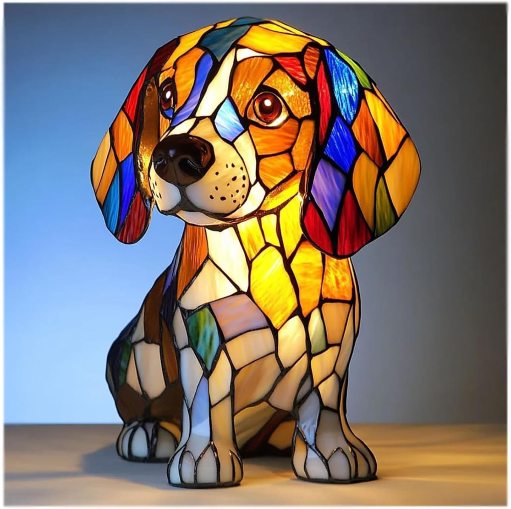 Luvano Tischleuchte Hund Buntglas Schreibtisch