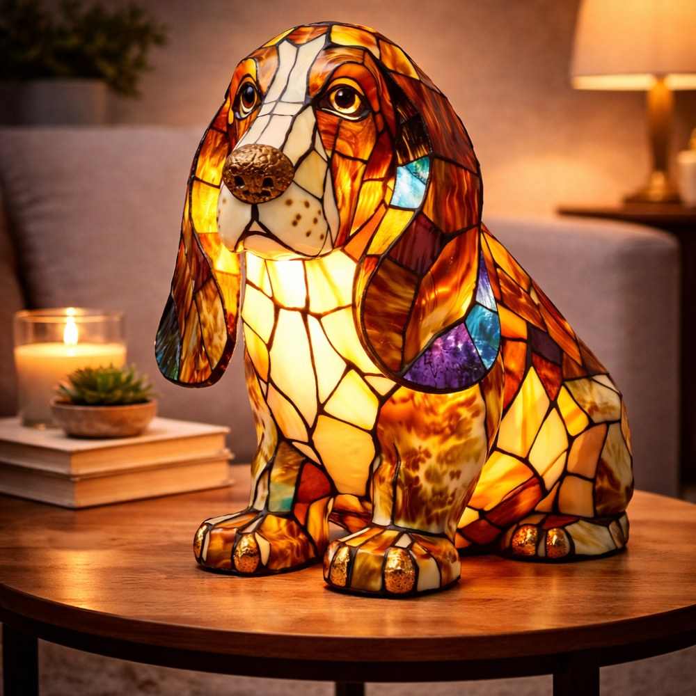 Luvano Tischleuchte Hund Buntglas Schreibtisch