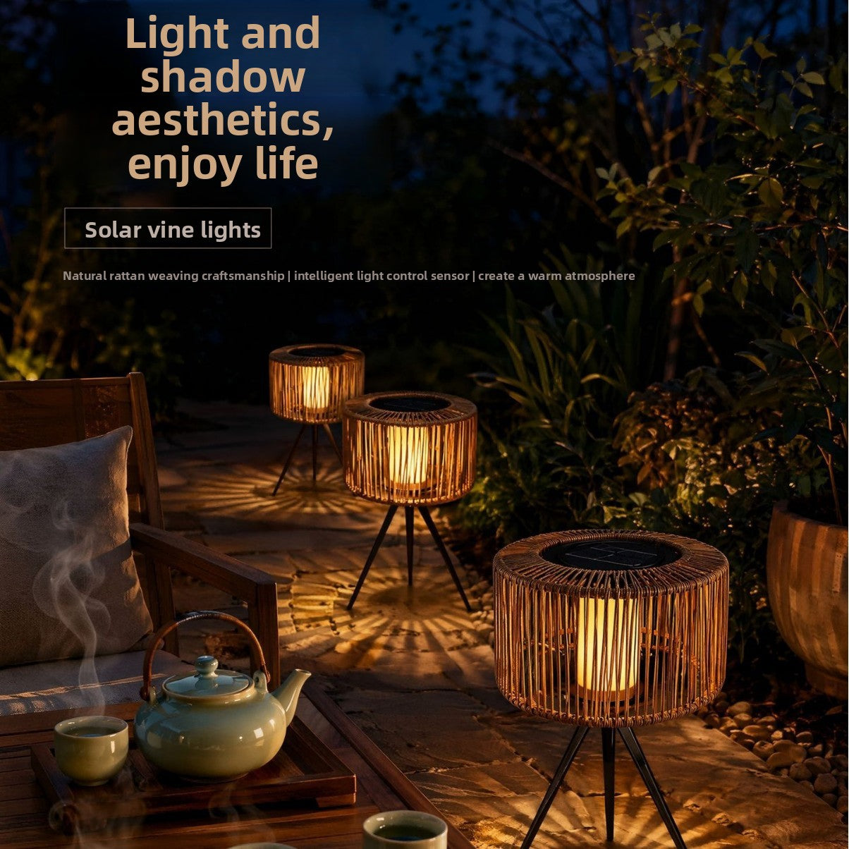 Runde Rattan Solarleuchte mit warmem Lichtmuster