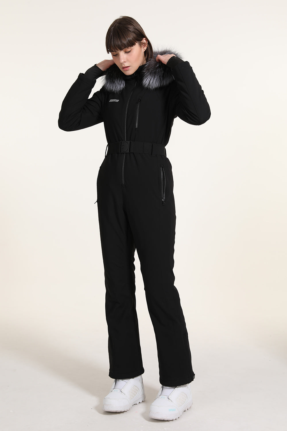 Damen Winter Chic Ski-Overall mit Pelzkapuze, einteiliger Ski-Overall
