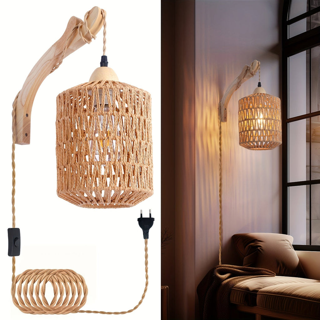 Luvano Wandleuchte Holz Rattan Boho mit Stecker