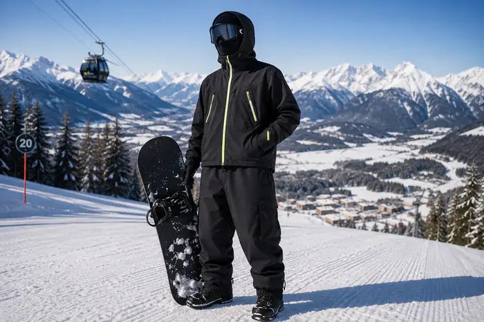 Schwarzes Skioutfit mit Snowboard auf der praeparierten Piste