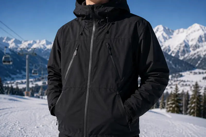 Schwarze Skijacke in Nahaufnahme mit Reissverschluessen und Kapuze