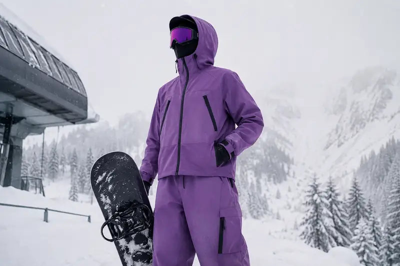 Skijacke in Lila mit Hose im Schneefall an der Bergbahn