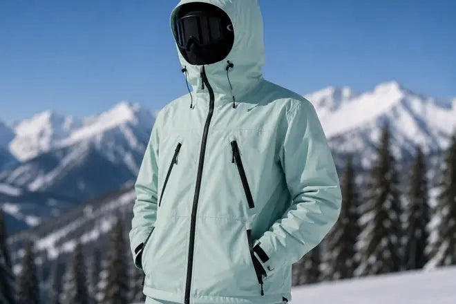 Skijacke in Mint mit Kapuze und Skibrille am Berg