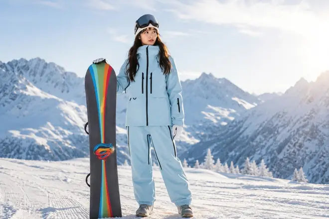 Skioverall Damen in Hellblau am Berg