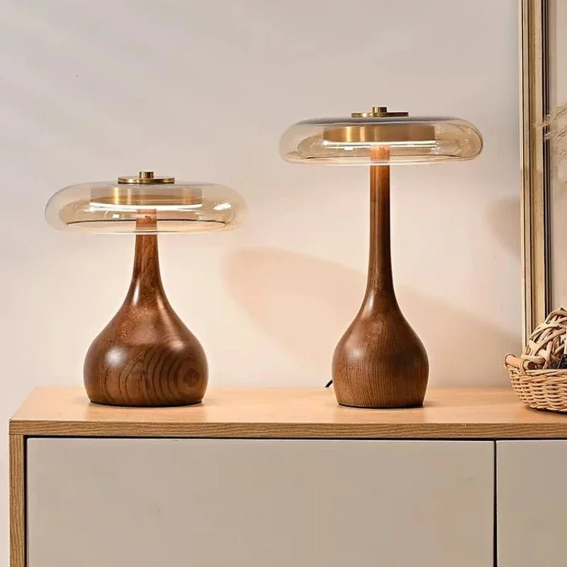 Luvano Andi Tischleuchte Glas Messing Holz