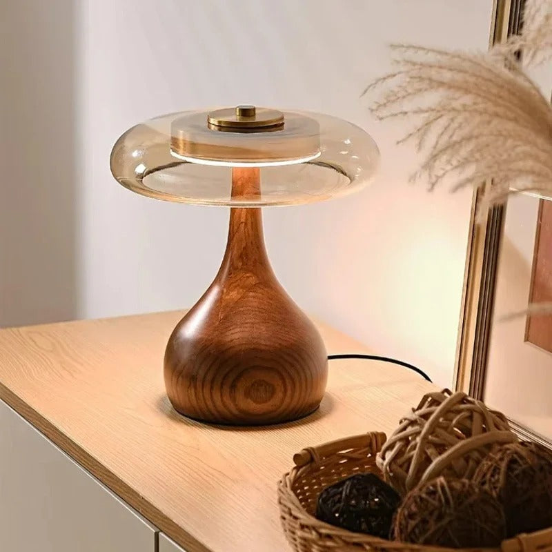 Luvano Andi Tischleuchte Glas Messing Holz