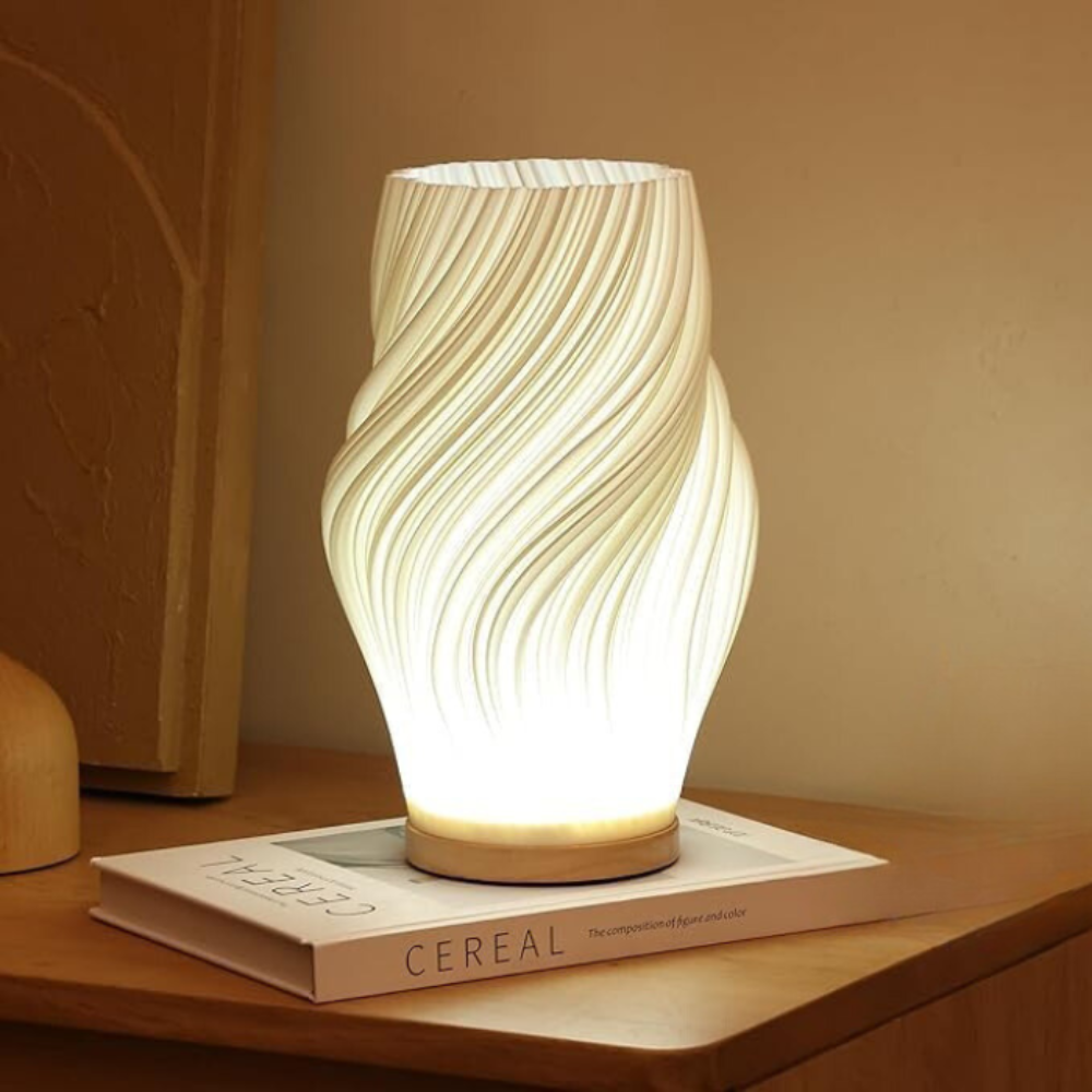 Luvano Tischleuchte Holz USB dimmbar Wellendesign