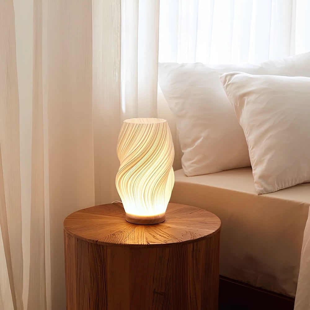 Luvano Tischleuchte Holz USB dimmbar Wellendesign