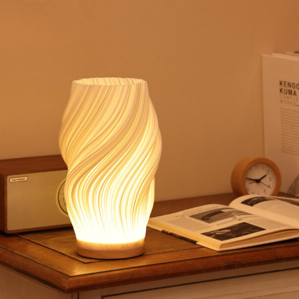 Luvano Tischleuchte Holz USB dimmbar Wellendesign