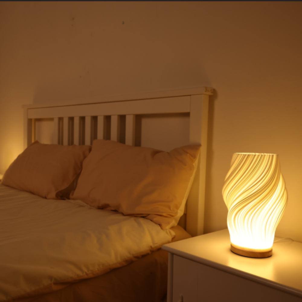 Luvano Tischleuchte Holz USB dimmbar Wellendesign