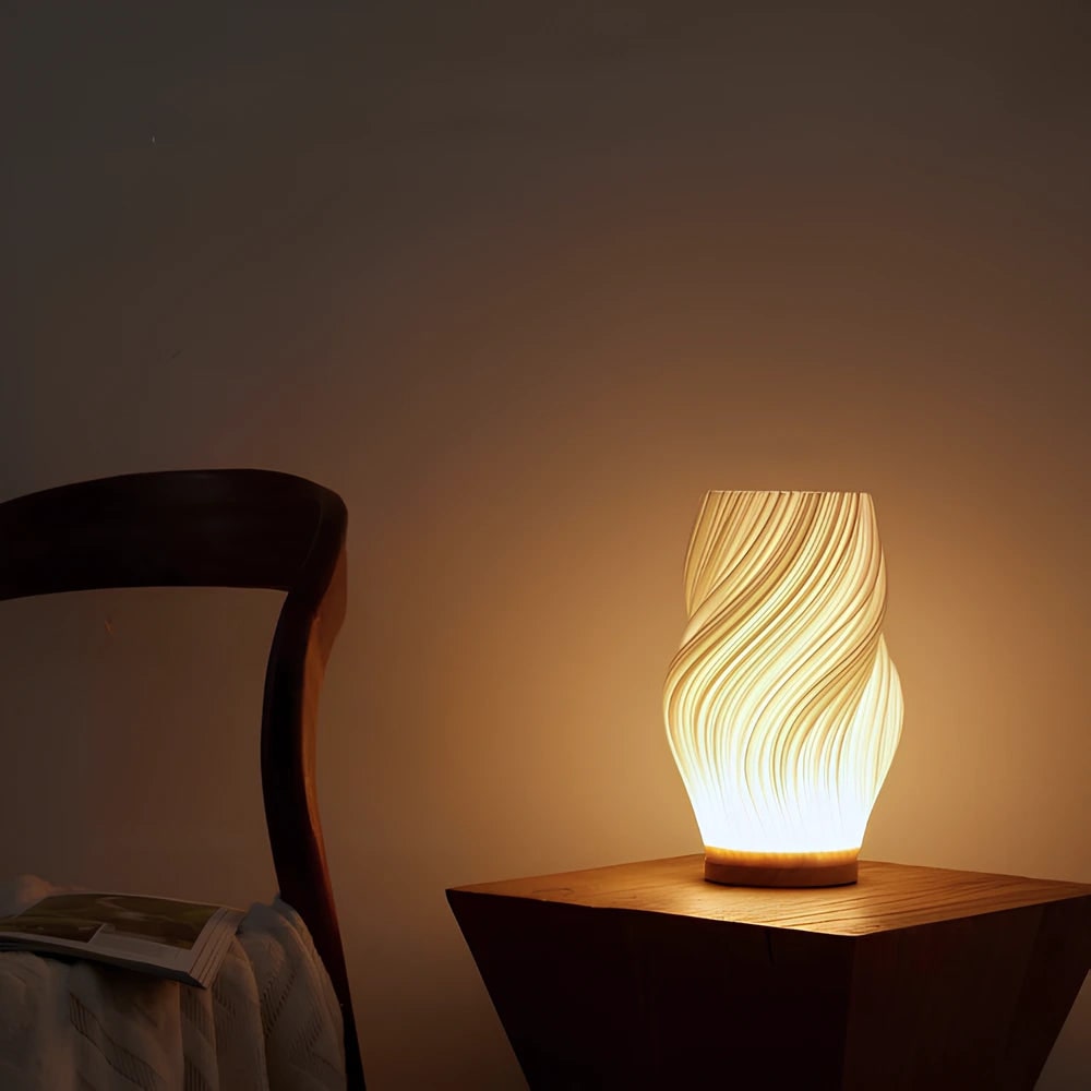 Luvano Tischleuchte Holz USB dimmbar Wellendesign