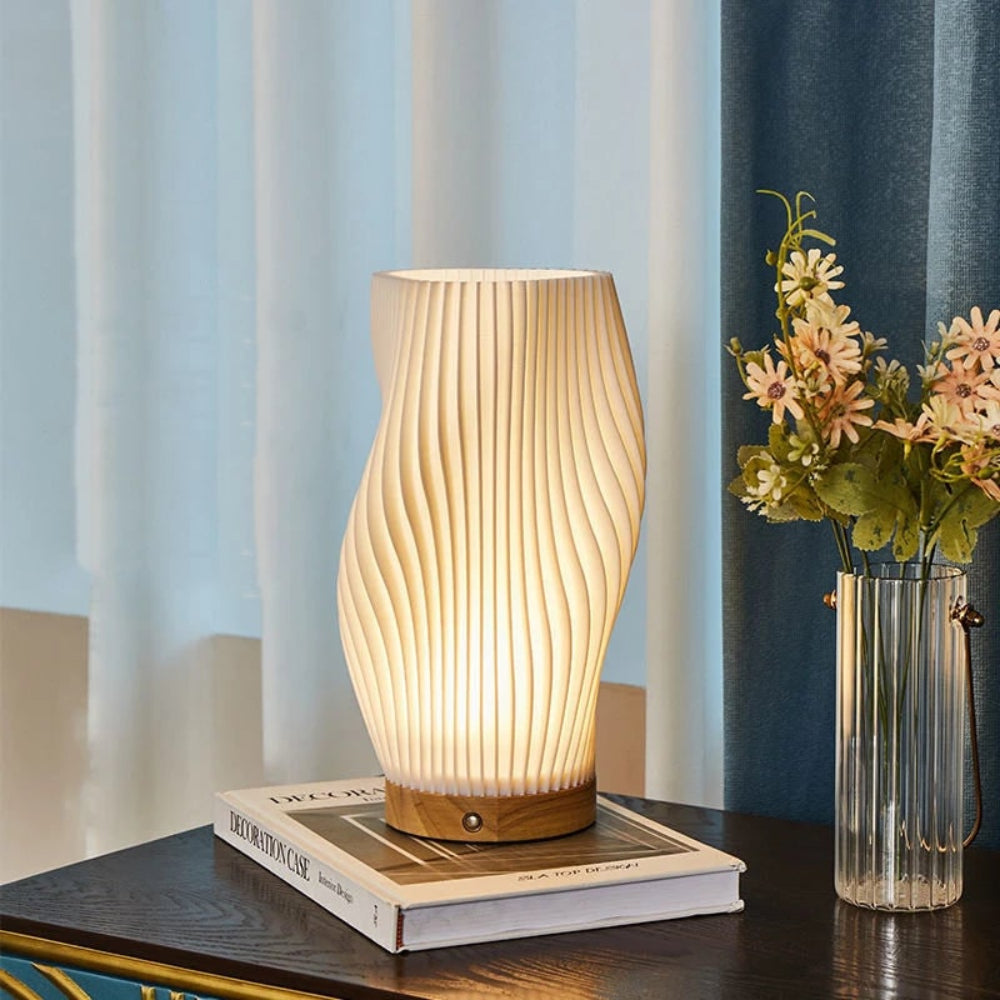 Luvano Tischleuchte Holz USB dimmbar Wellendesign