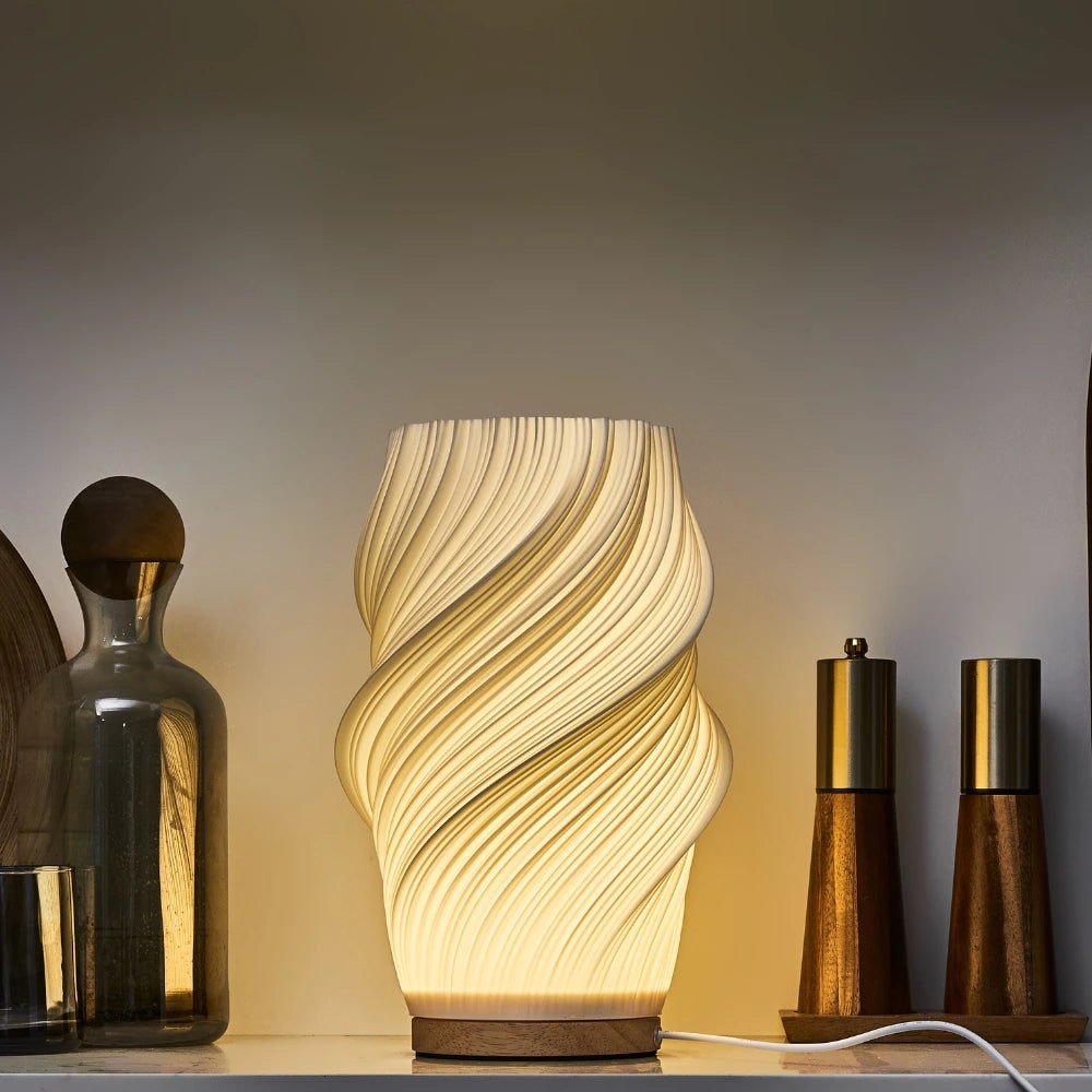 Luvano Tischleuchte Holz USB dimmbar Wellendesign