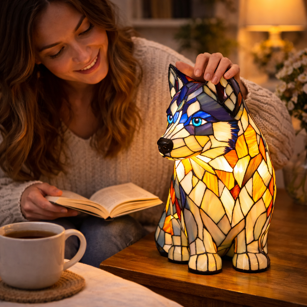 Luvano Tischleuchte Hund Buntglas LED Nachtlicht