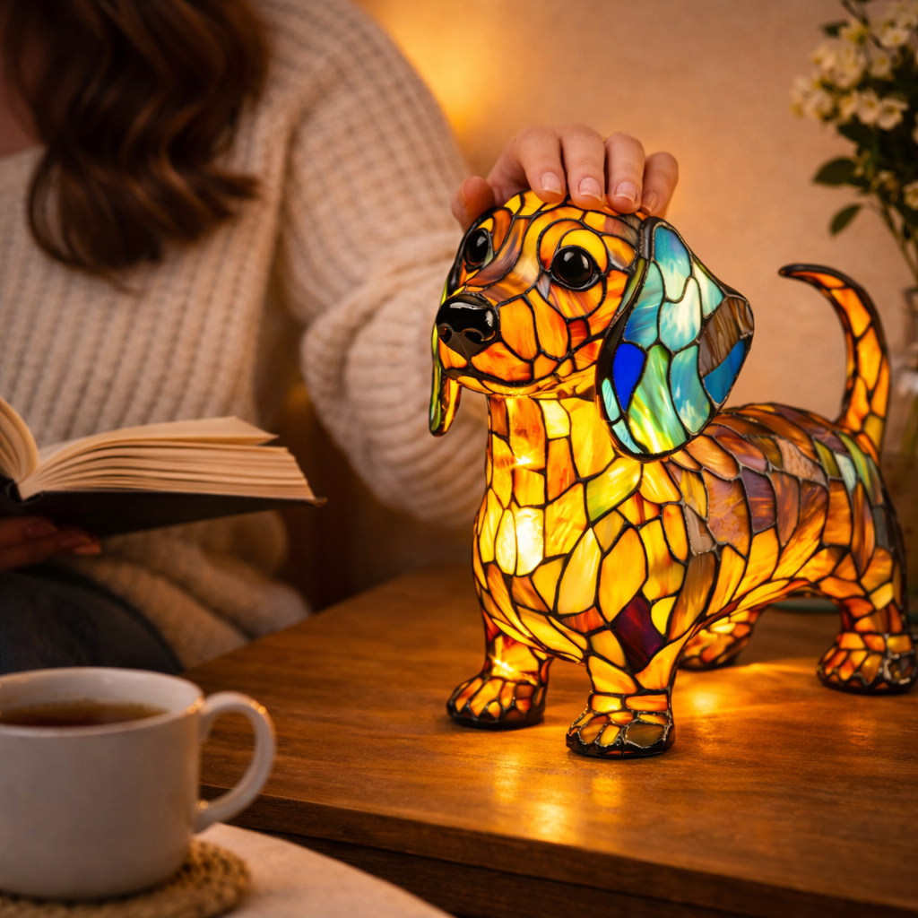 Luvano Tischleuchte Hund Buntglas LED Nachtlicht