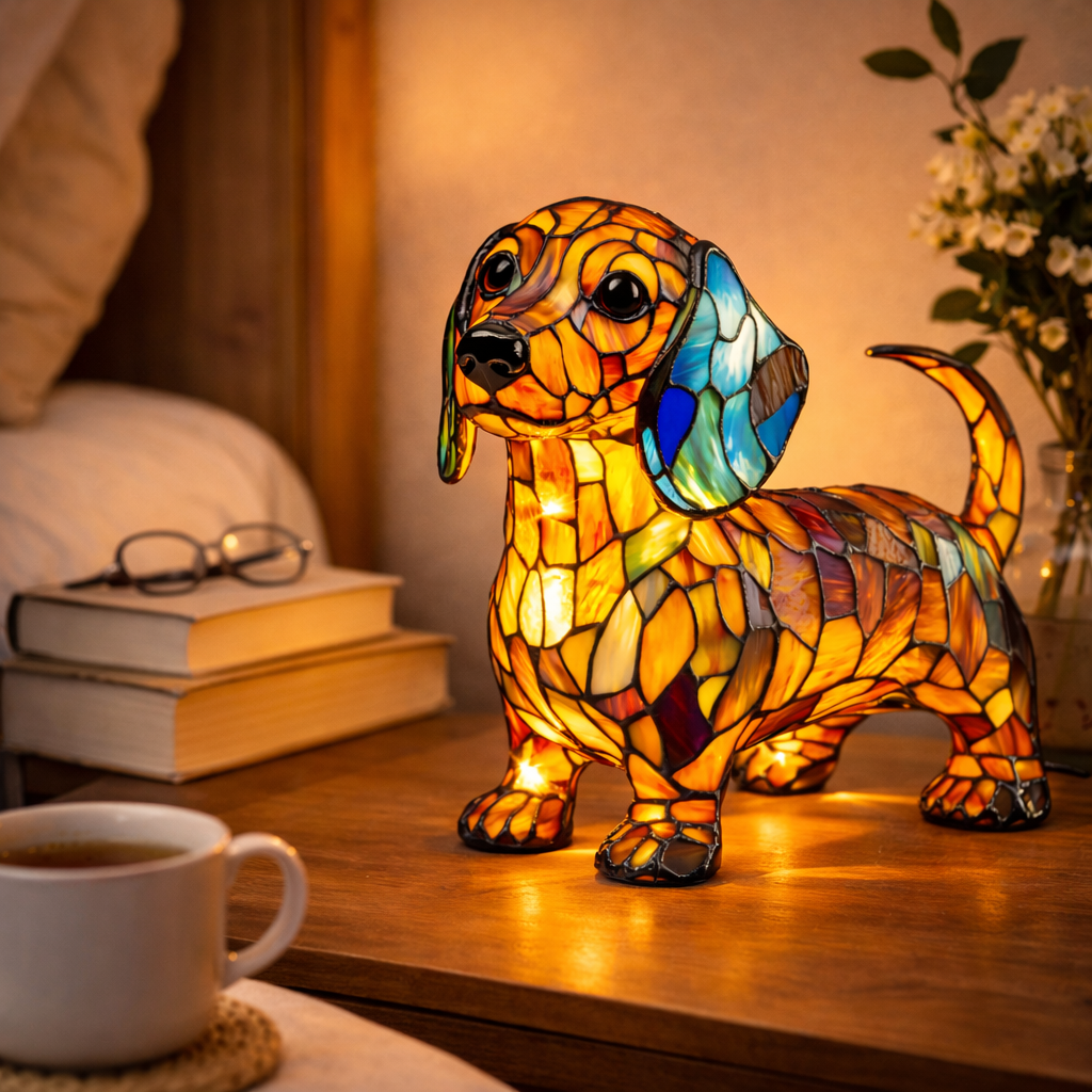 Luvano Tischleuchte Hund Buntglas LED Nachtlicht