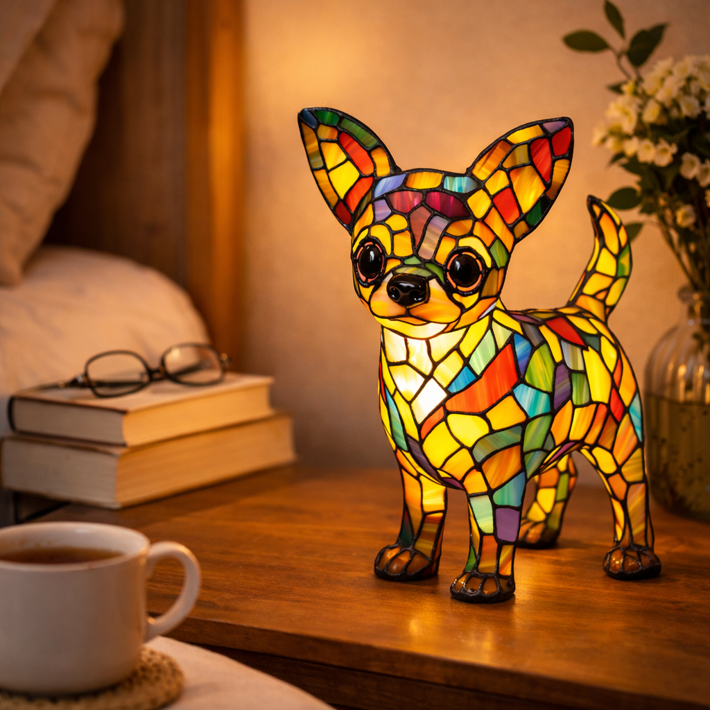 Luvano Tischleuchte Hund Buntglas LED Nachtlicht