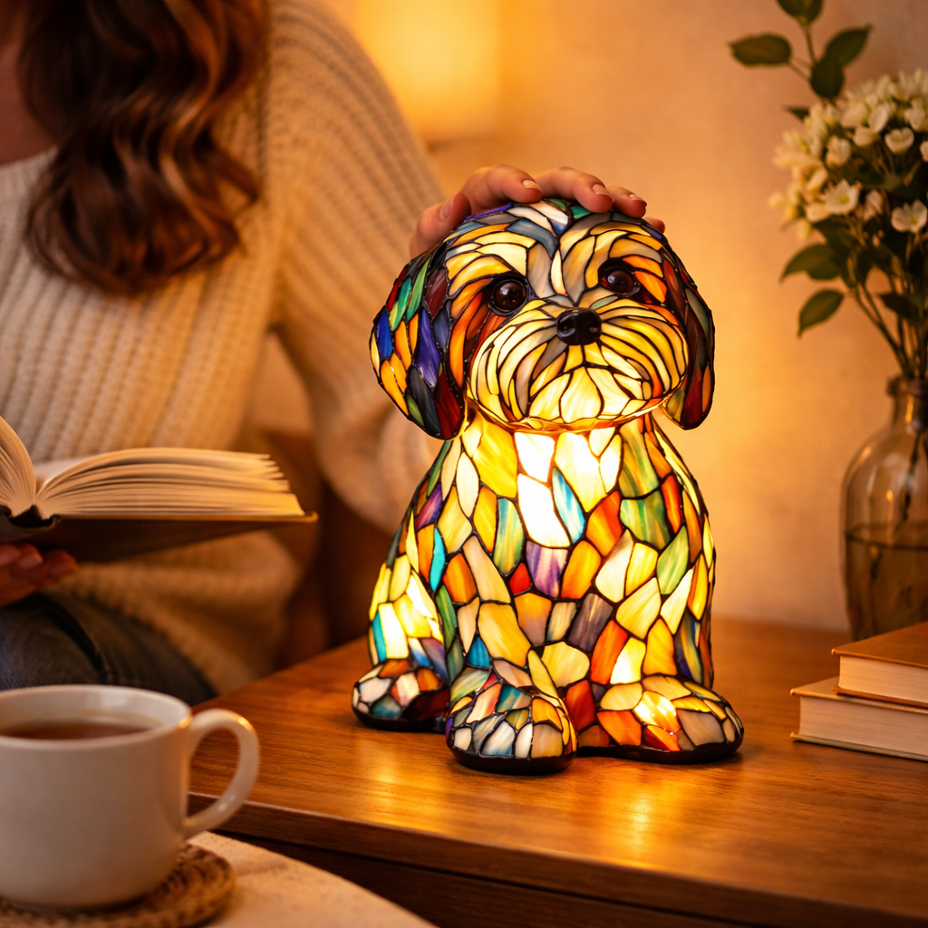 Luvano Tischleuchte Hund Buntglas LED Nachtlicht