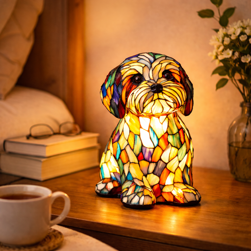 Luvano Tischleuchte Hund Buntglas LED Nachtlicht
